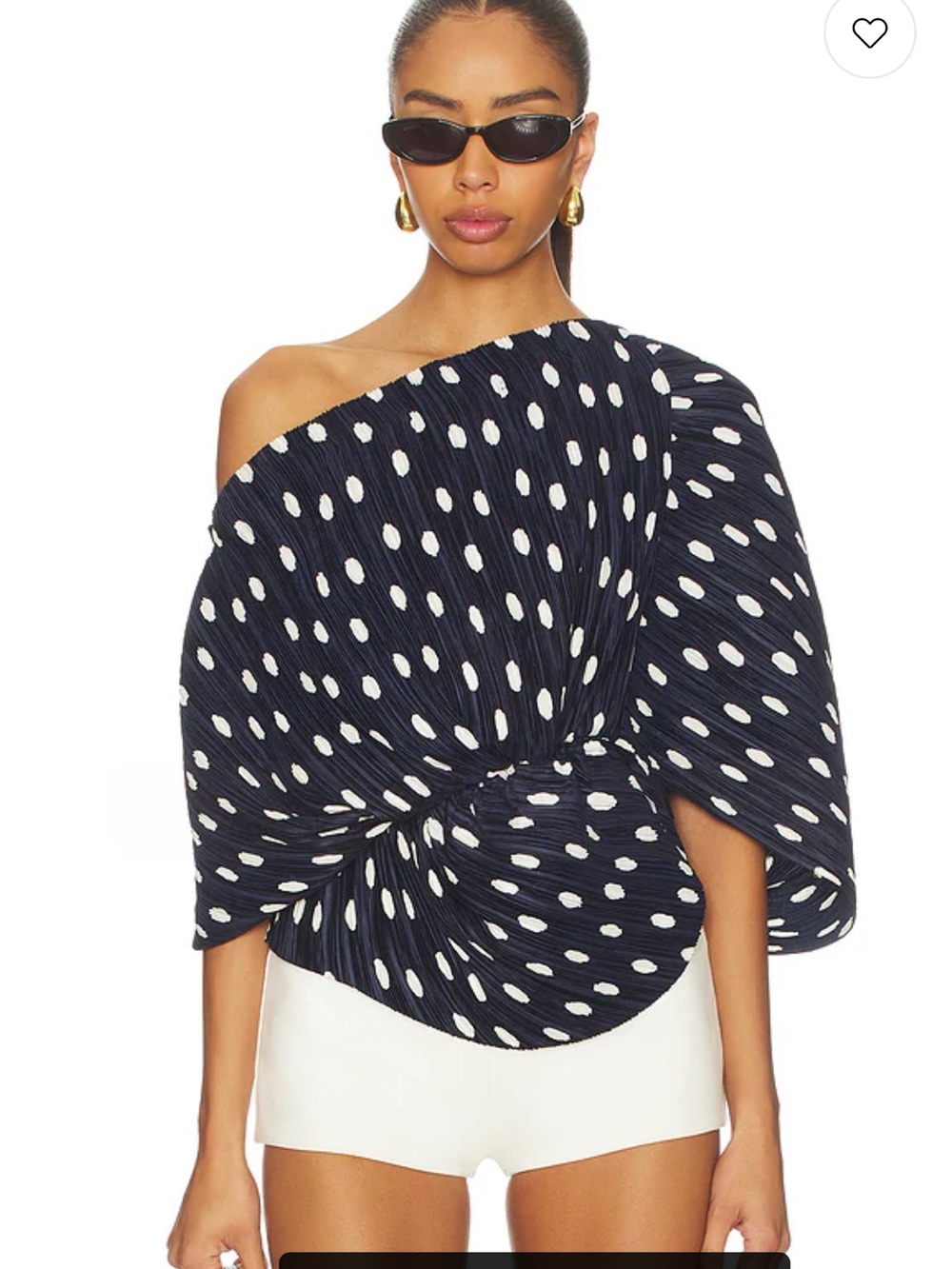 cult gaia Navy and White Polka Dot One-Shoulder Twist Top